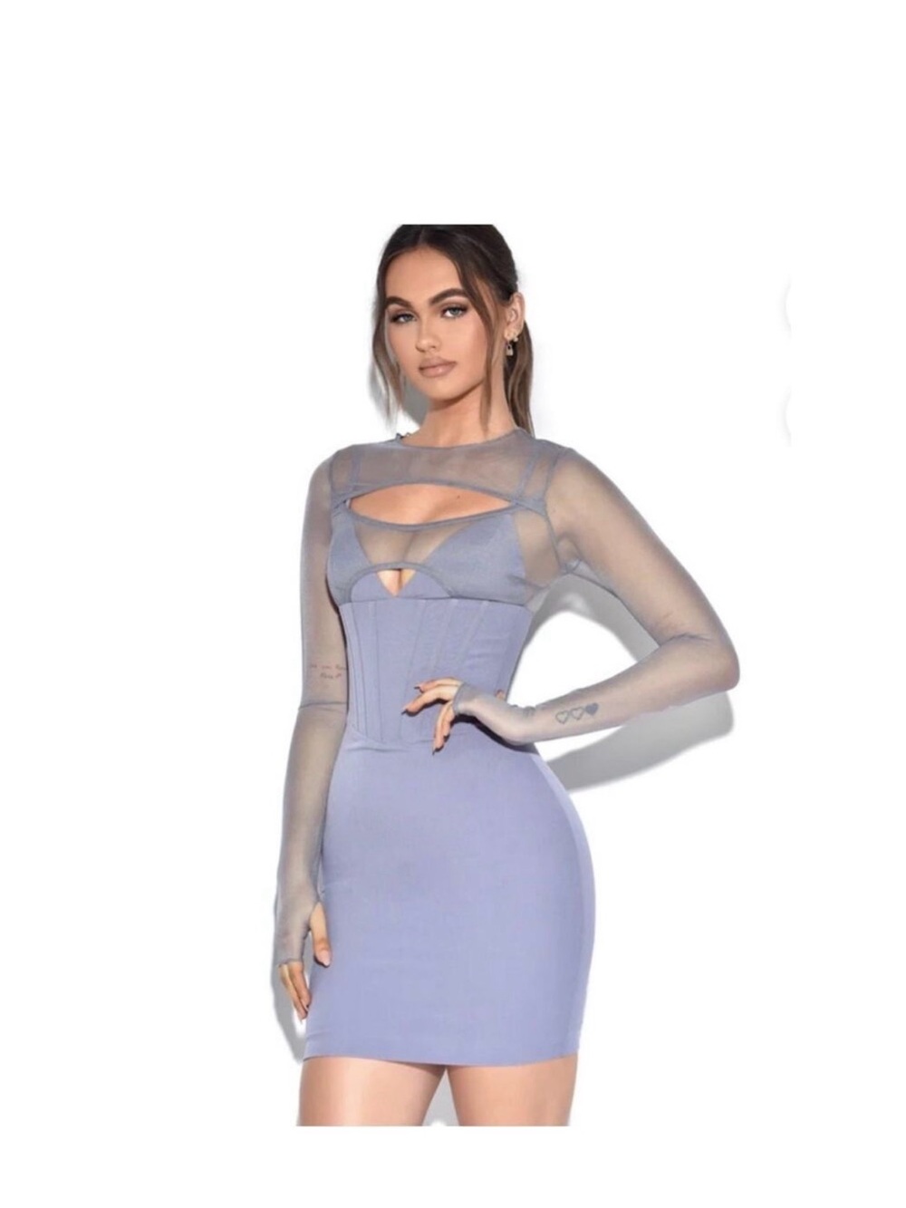 Lavender Sheer-Sleeve Bodycon Mini Dress